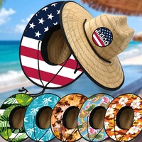 Chapeau de paille de sauveteur de haute qualité, protection solaire premium, à large bord, personnalisé, avec logo sur mesure, motif drapeau américain, pour la pêche, vente en gros