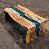 Table à manger en bois antique moderne avec table basse Blue Rive Double cascade Bord vif en résine époxy pour hôtel Meubles de maison