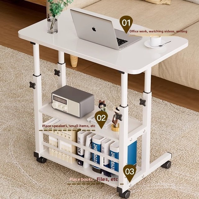 Simple Multi-tier Metal Bookshelf Storage Rack Small Table Height-adjustable Computer Desk Bedside Side Table Swivel Casters
