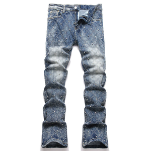 Dropshipping Men's <b>Boot</b> Cut Denim Jeans Rhinestone Slim Flared Stretch Streetwear Trousers Blue Cotton - Product Image 2