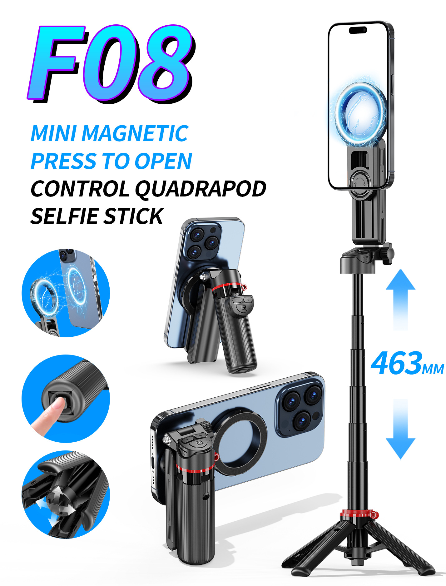 Tige d'extension magnétique F08 pour appareil d'enchères, en alliage d'aluminium, avec zoom.