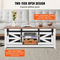 Table basse rectangulaire style ferme avec 2 portes coulissantes, 2 niveaux, rangement durable, étagères amovibles - Blanc naturel pour salon