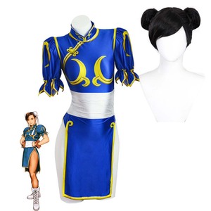 Jeu Street Fighter Cosplay <span class=keywords><strong>Chun</strong></span> <span class=keywords><strong>Li</strong></span> Cosplay Blue Qipao Full Set Costume GAHC-055 - Product Image 1