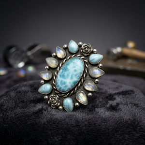 Anillo de Plata de Ley 925 con Larimar del Caribe y Piedra Lunar, Hecho a Mano, para Boda, Compromiso o Aniversario, ¡Gran Venta! - Product Image 2