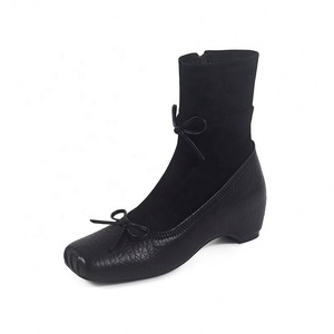 Bottes ajustées pour femme en peau de mouton, style vintage, inspirées du ballet, à nœud, nouvelle collection automne-hiver style français, à bout épais - Product Image 5