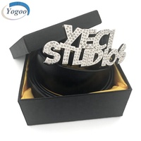 Boucle de ceinture en métal de haute qualité avec logo personnalisé en lettres de marque, argentée et brillante, avec strass, pour hommes