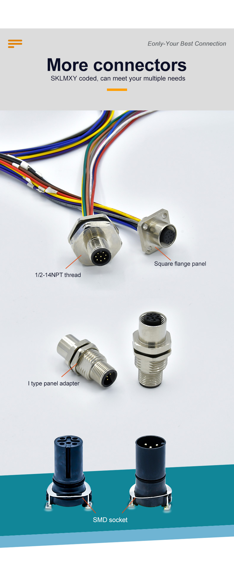 CuZn TPU M12 Panel Mount Connector IP68 M12 Series Connector With Wire Terminal Fasten