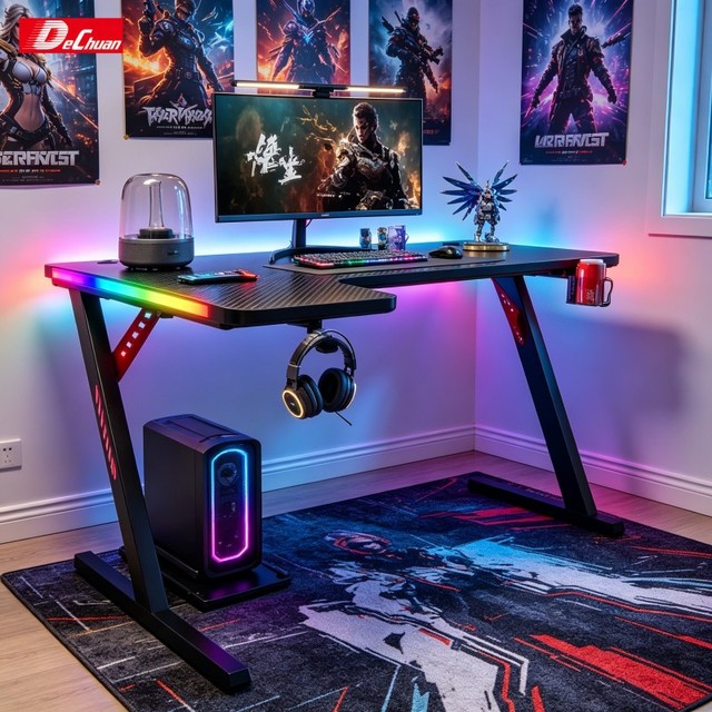 Ergonomic L-Shaped Gaming Desk Desk RGB Lighting Side Strips 5V USB Stand for Retail