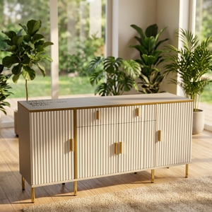 <span class=keywords><strong>Buffet</strong></span> latéral cannelé <span class=keywords><strong>blanc</strong></span> avec pieds <span class=keywords><strong>et</strong></span> poignées dorés, meuble de rangement d'entrée, console avec tiroirs pour salon <span class=keywords><strong>et</strong></span> rangement domestique - Product Image 3