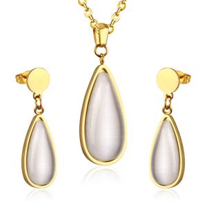 Magnifique ensemble de bijoux en acier inoxydable avec perles précieuses, collier et boucles d'oreilles plaqués or 18 carats, bijoux pour femme, pour la mariée - Product Image 1