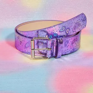 Nuevo vestido de dama estilo Rock cinturón de fiesta iridiscente Goth Punk PU correas láser brillante cuero púrpura mariposa cinturón para niñas