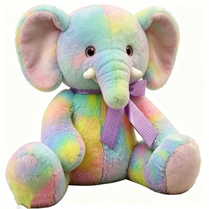 customize Soft fuzzy rainbow safari elephant stuffed toy with big floppy <b>pink</b> inner ears & small white tusks - Product Image 5
