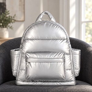 Recycled Polyester Puffer Travel Backpack Casual Multi Pocket Daypack With <b>14</b> <b>Inch</b> <b>Laptop</b> Compartment Zippered <b>Bag</b> For Women - Product Image 1