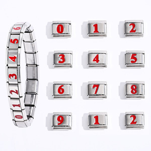 Italian Stainless Steel Number Charm <b>Bracelet</b> Square <b>Red</b> Arabic Numeral DIY Jewelry Unisex Everyday Wear - Product Image 1