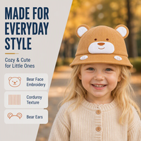 Sombrero de Pescador de Pana para Bebés con Logotipo Personalizado, Diseño 3D de Cara de Oso, Etiqueta Privada OEM, para Niños, Tiendas Boutique