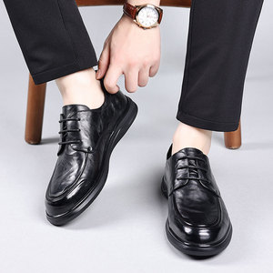 Chaussures Derby en cuir noir pour hommes, tige texturée souple, à lacets, décontractées et habillées, légères, semelle épaisse, pour le travail et le quotidien - Product Image 3