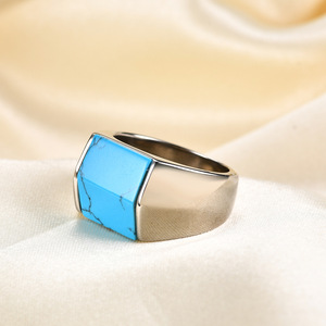 Stainless Steel <b>Ring</b> 13mm Geometric <b>Turquoise</b> Inlay Unisex Fashion Jewelry Gift - Product Image 1