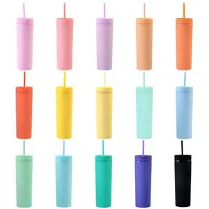 2021 New hot sale Double Wall Matte skinny tumblers 16oz Pastel Colored Acrylic Cups with Lids and Straws