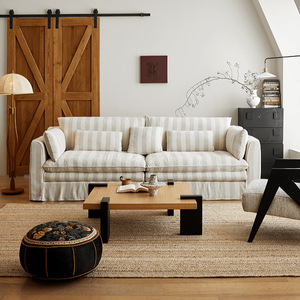 Sofá Recto de Tela de Lino Estilo Wabi-Sabi con Brazos Abrazadores, Cojín de Plumón Extraíble, Sofá de Mediados de Siglo para Sala de Estar Pequeña - Product Image 1