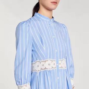 Nuevo Vestido de Otoño con Logotipo Personalizado, Vestido de Negocios con Cuello Redondo y Botones, Vestido de Lino y Algodón con Encaje Floral para Mujer - Product Image 2