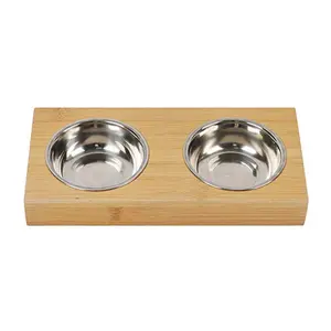 Portable Double Silicone Pet Bowls, Bamboo Wood Stainless Steel Ceramic Pet Double Bowls Dogs Food Water Feeder.