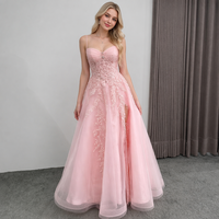 Robe de soirée rose en cristal pour fêtes, bretelles spaghetti, broderie, grande taille, coupe trapèze, longueur ras du sol, perles, appliques, dentelle