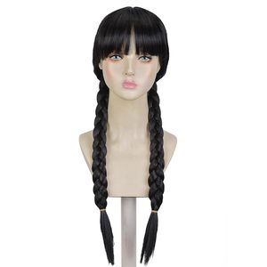 <span class=keywords><strong>Perruque</strong></span> de cosplay HLC à faible coût, personnalisée, pour Halloween, style <span class=keywords><strong>Addams</strong></span>, inspirée du film Wednesday, noire, avec frange droite et deux longues tresses - Product Image 6