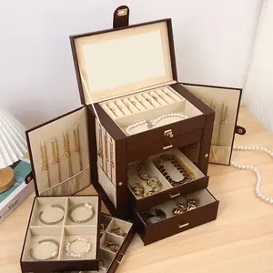 Caixa de couro PU luxuosa para armazenamento de joias, caixa grande multifuncional para armazenamento de presentes, conjunto de joias com espelho para anel e colar
