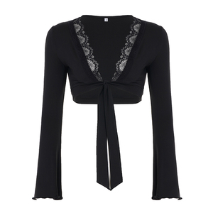 Top court à nouer devant en dentelle noire pour femmes, col en V profond, manches longues, sexy, coupe ajustée, soirée, club, mode, smock - Product Image 6