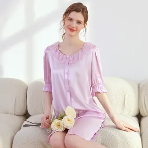 hot sale luxury women's dresses casual lace neck design cute Silk pajamas 100% silk Home Clothes