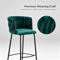 Chaise de bar au design moderne avec dossier en velours vert tissé, pieds et repose-pieds en métal noir pour bar à domicile ou café