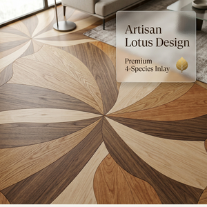 Parqué de Madera Decorativo Artístico de Lujo, Diseño de Loto con Hojas Curvas, Hexagonal Redondo, Tejido con 4 Tipos de Madera - Product Image 1
