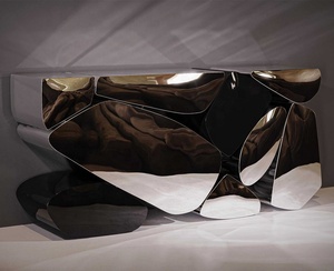 Table <span class=keywords><strong>console</strong></span> moderne italienne en <span class=keywords><strong>acier</strong></span> inoxydable poli motif <span class=keywords><strong>bois</strong></span> pour salle à manger salon hôtel contemporain pour appartement - Product Image 5
