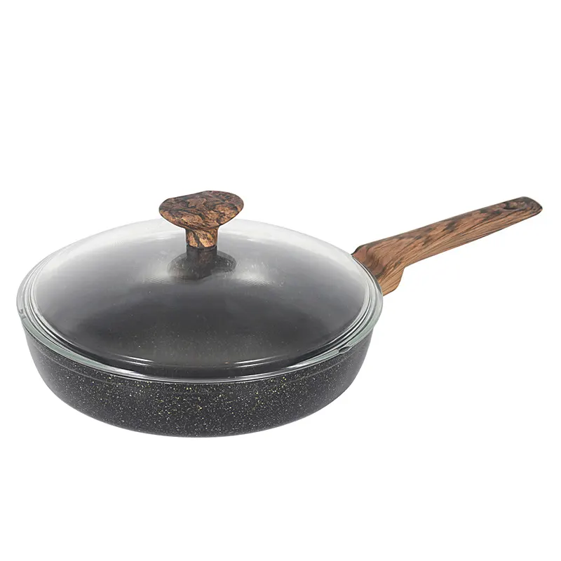 Tapa de vidrio de borosilicato Recubrimiento de mármol Cocina Calidad garantizada Juego de sartén forjado de aluminio con mango de silicona grande