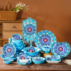 Новые синие богемные керамические наборы столовых приборов, более 20 видов стилей моделей тарелок для чаш, кружек и тарелок для пельменей в розницу
