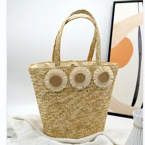 fashionable custom woven straw braided women's shopping bag flower decoration beach handbag