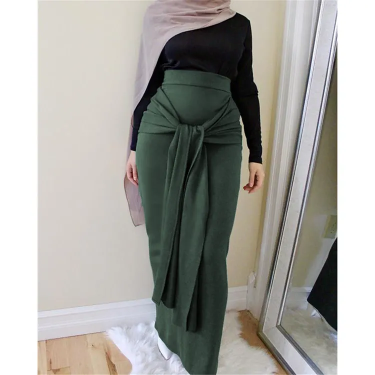 Muslim Islamic Clothing Sexy Slim Fit Lace Up Bandage Long Half Knitted Cotton Abaya Women Dress Skirt
