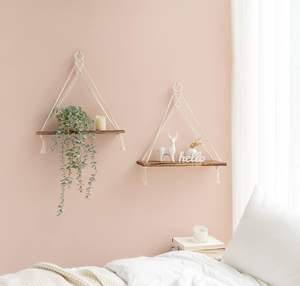Modern Macrame Hanging <strong>Shelves</strong> Rustic <strong>Wood</strong> Floating Storage Set 2 Bedroom Bathroom Kitchen Wardrobe Living Room Nursery Dorm - Product Image 2