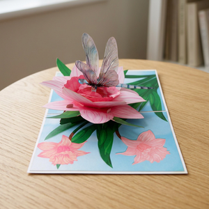 Carte pop-up 3D florale rose avec lys et libellule, artisanat en papier fait main, décoration rectangulaire pour la maison, design découpé, impression offset - Product Image 2
