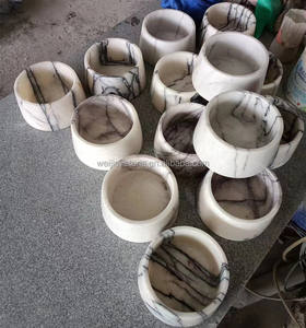 Mangkuk Marmer Travertine Beige Dekorasi Rumah Ornamen Bundar Religius Permukaan Halus Mangkuk Air untuk Hewan Peliharaan - Product Image 3