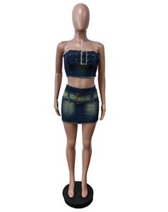 Ensemble crop top en jean sans bretelles et mini-jupe avec ceinture à boucle et ourlet à franges, <span class=keywords><strong>tenue</strong></span> en jean 2 pièces - Product Image 4