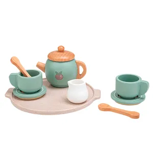 Juego de té de color verde, juguete de comida de madera para niños de alrededor de 2 a 4 años