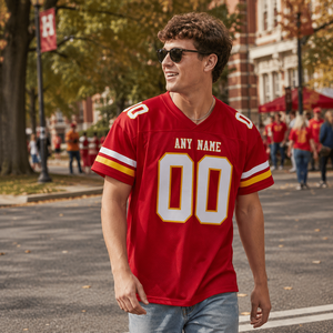 Custom <b>Red</b> White Gold Mesh Short Printed Breathable American Football Jersey Personalized Team Uniform Game Day Fan Apparel - Product Image 1