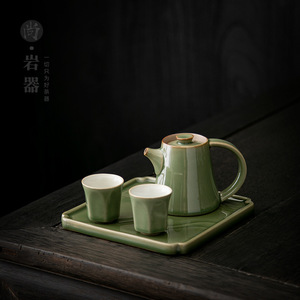 Bamboo Green Glaze Teapot <b>Set</b> With Two Cups And Tray Simple Style Pottery <b>Tea</b> Brewing System For Hotels And Guesthouses - Product Image 2