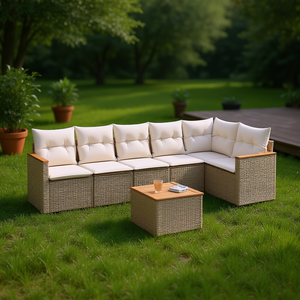 Set Divano da Giardino in Rattan Beige con Cuscini in Schiuma ad Alta Densità, Arredamento da Esterno dal Design Contemporaneo, Resistente ai Raggi UV in PE - Product Image 2