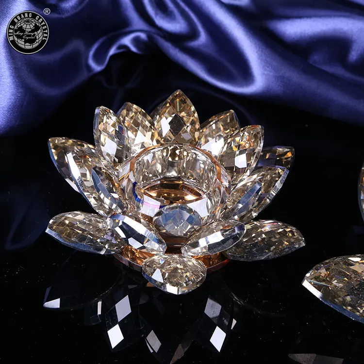 Tempat Lilin Bunga Lotus Kristal Kaca Warna Sampanye