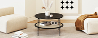 Table basse ronde en bois noir moderne à 2 niveaux avec étagère en rotin, directement de l'usine