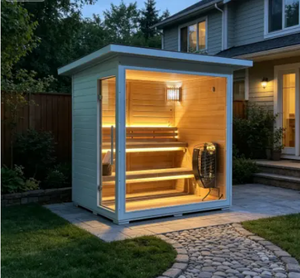 Moderna Cabina de Sauna de Madera para Exteriores con Calefacción Eléctrica, Diseño de Madera Sólida, Estilo Escandinavo con Puerta de Vidrio y Taburete de Madera - Product Image 2
