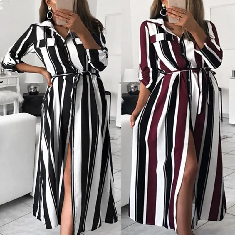 Factory Direct Spring Women Plus Size Mid-sleeve Straps Vestidos Black Maxi Button Up Cheap Woman Split Stripe Tshirt Dress