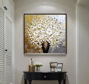 Hand Painted White Floral Oil Painting with Gold Texture Modern <b>Canvas</b> Wall Art for Home Decor - Product Image 1